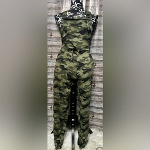 Camo knit overalls